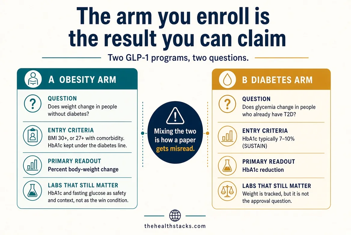 The fence decides the population. The population decides what “it worked” means. Weight percent and HbA1c points are not interchangeable endpoints.