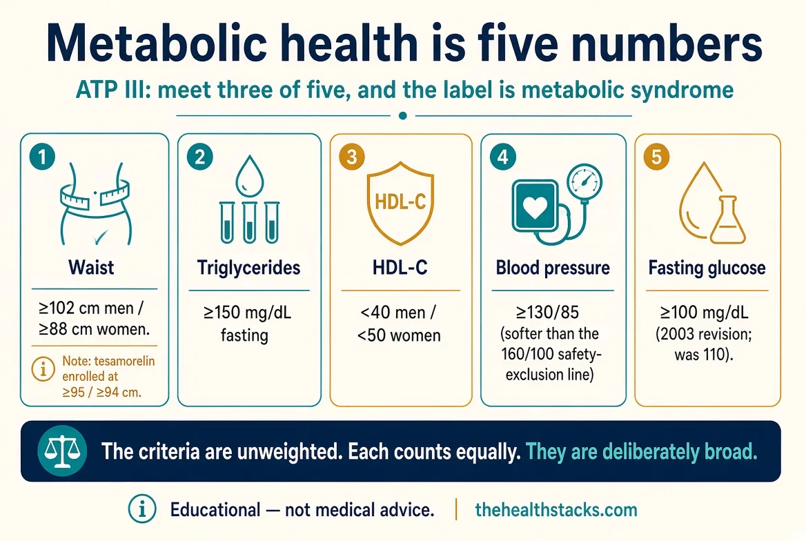 In papers, "metabolically healthy" is not a vibe. It is a short list of fasting morning numbers. ATP III needs three of five.