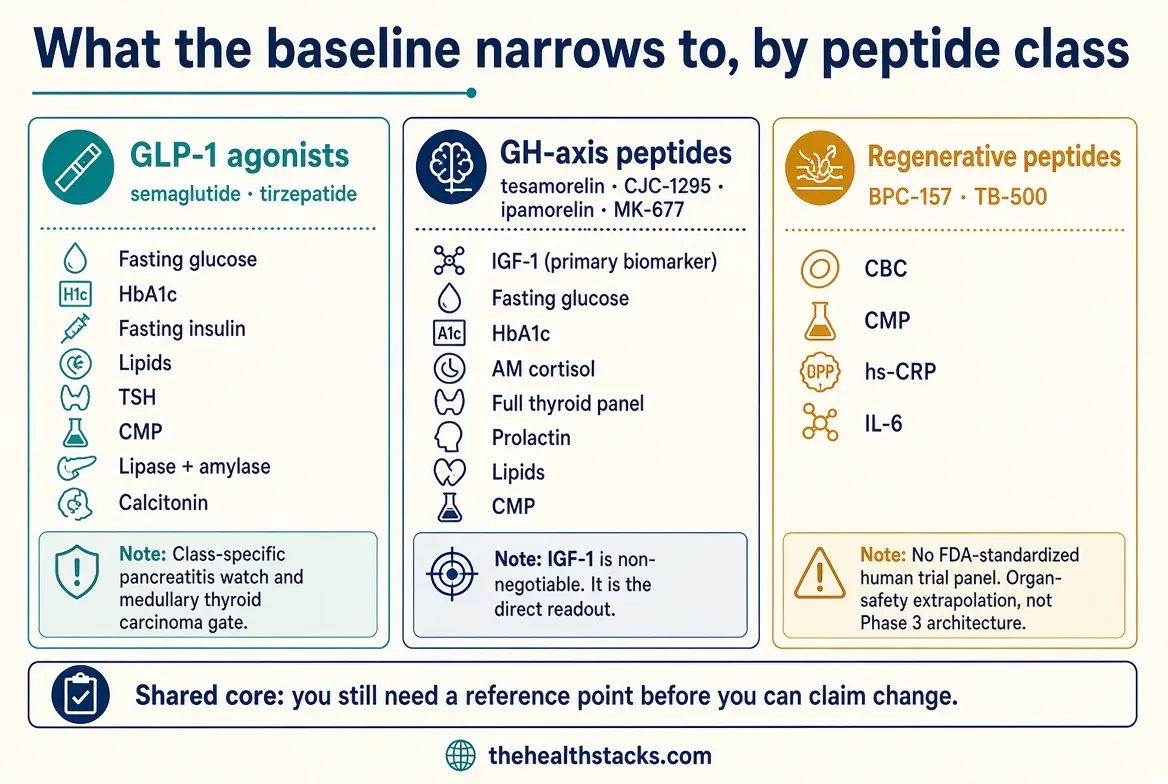 Researchers do not run every test for every compound. GLP-1 trials watch pancreas and calcitonin. GH-axis trials treat IGF-1 as the readout. Regenerative peptides have no FDA-standardized human panel, so the honest baseline is organ safety.