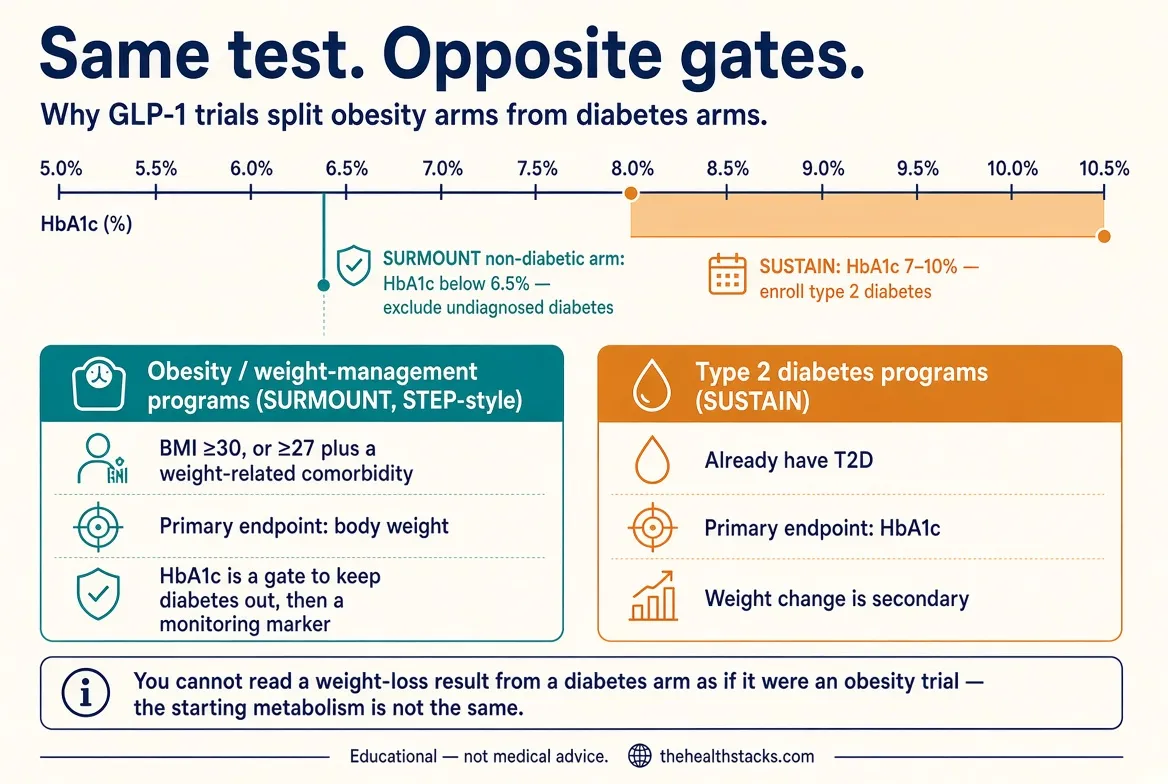 HbA1c is not a safety test here. It is an eligibility fence. SUSTAIN enrolled diabetes. SURMOUNT kept undiagnosed diabetes out. Same assay, two different trial populations.
