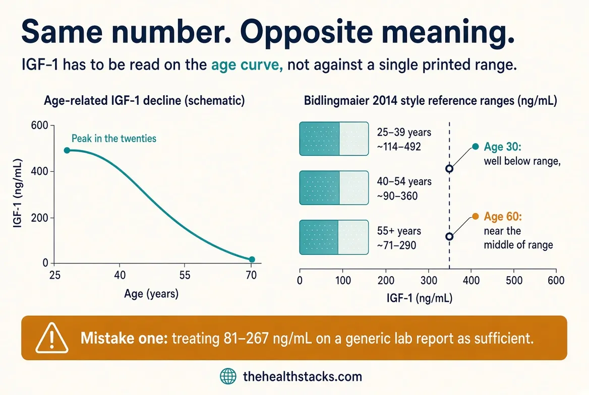 A 30-year-old and a 60-year-old can share the same raw IGF-1 and sit in opposite parts of their ranges. The lab-report interval without age adjustment is close to useless.
