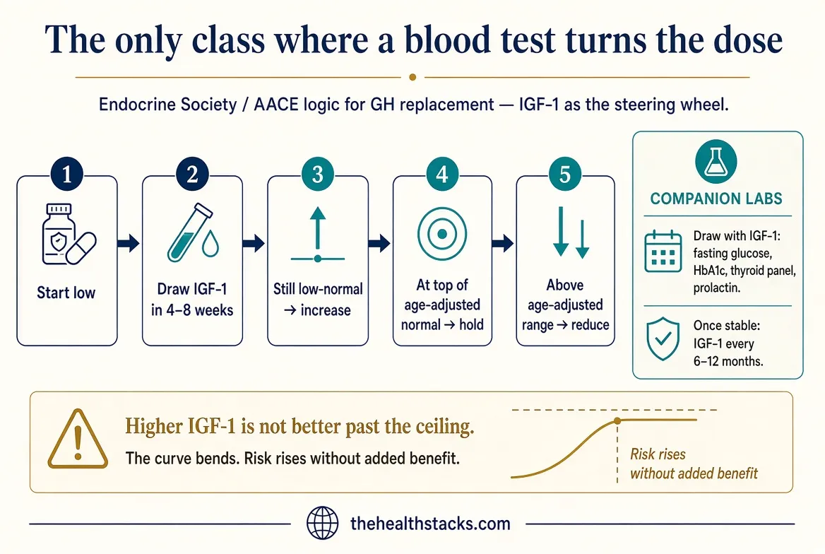 The published GH-replacement loop is disciplined: start low, redraw IGF-1 every 4–8 weeks, move only while you are still inside age-adjusted normal, then stretch follow-up to 6–12 months once stable.