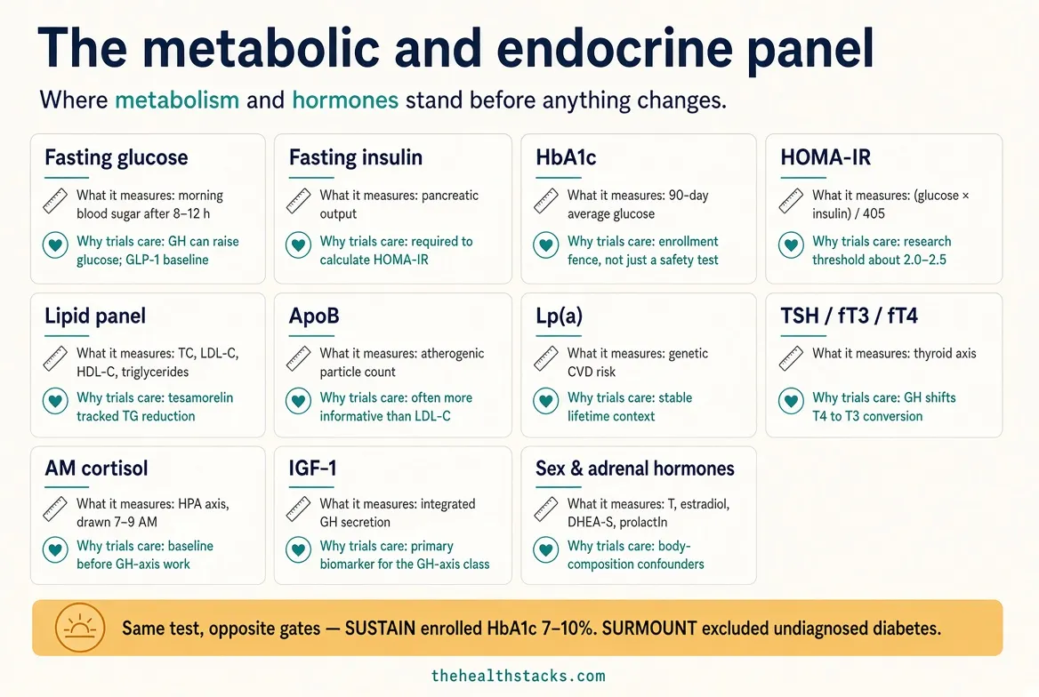 HbA1c is not just "average sugar." In SUSTAIN it was an enrollment fence for diabetes. In SURMOUNT it was used to keep undiagnosed diabetes out. Same assay, opposite gate.