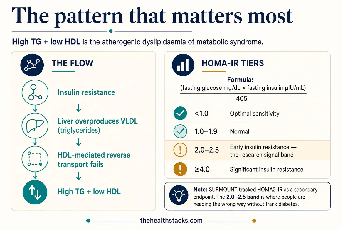 The signature pattern is high triglycerides with low HDL: the liver overproducing VLDL while reverse cholesterol transport lags. HOMA-IR tells you whether insulin resistance is already feeding that loop.