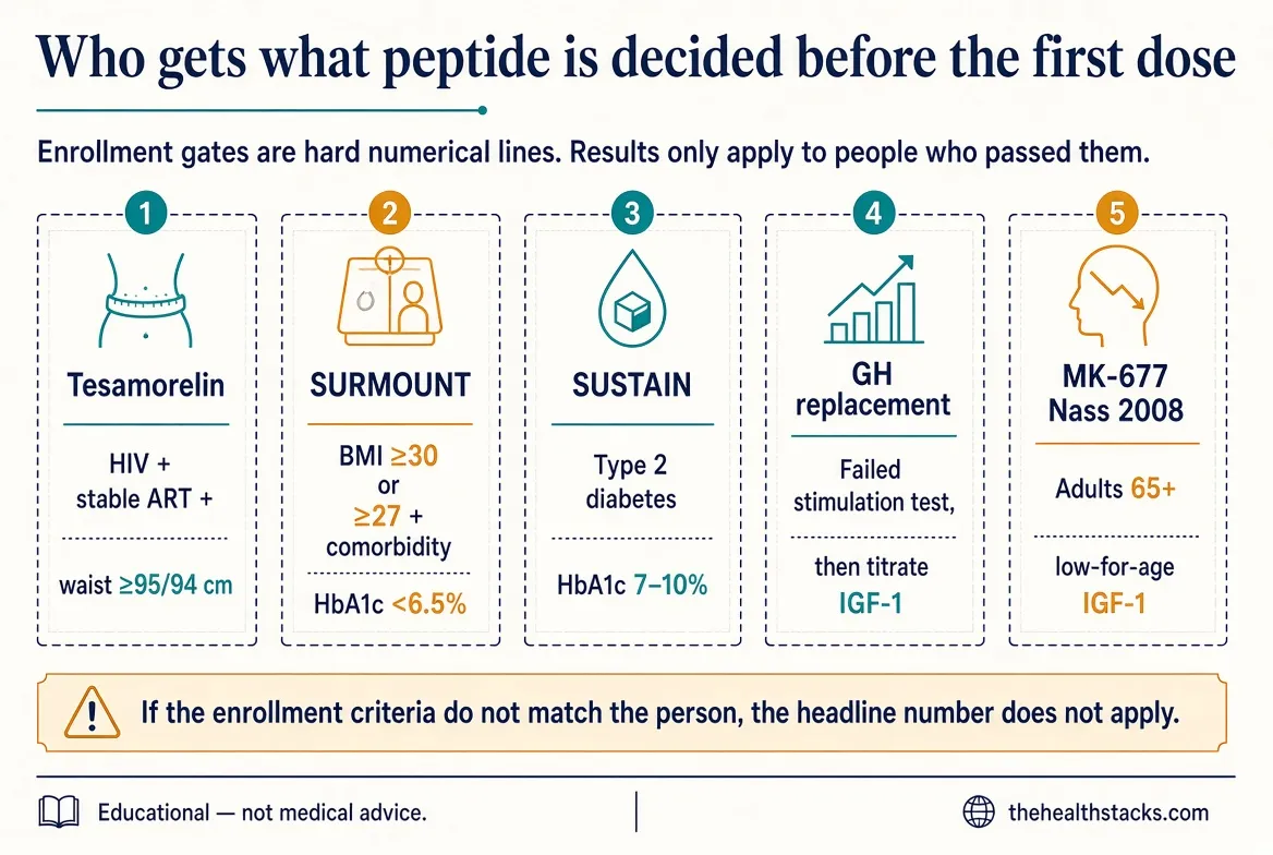 The number that lets you into a SUSTAIN diabetes trial is the number that keeps you out of a SURMOUNT obesity trial. Gates are not interchangeable.