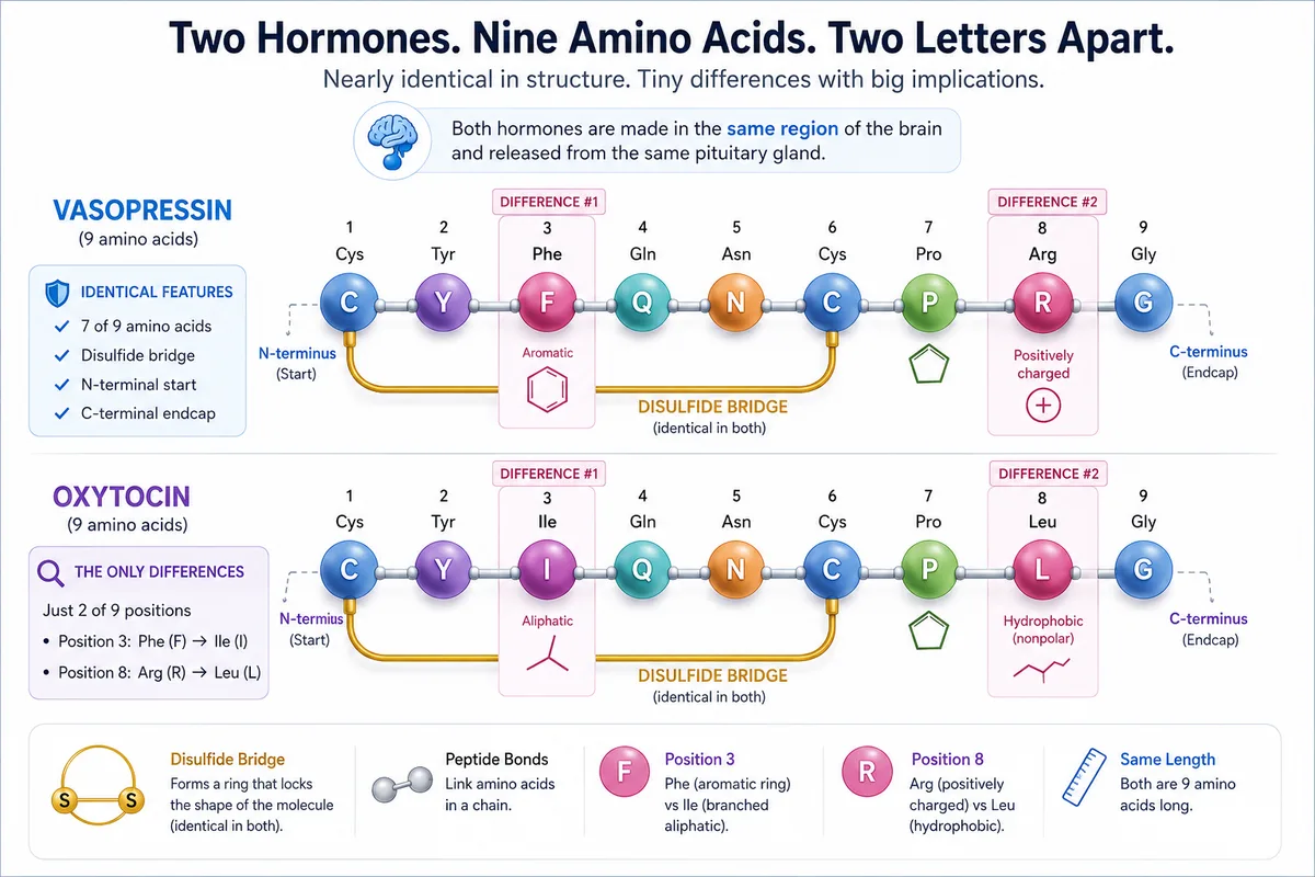 Vasopressin and oxytocin compared at the molecular level: both are nine-amino-acid peptides, and both keep the same chemical ring and end cap — they differ at only two positions (3 and 8), yet they drive entirely different biology.