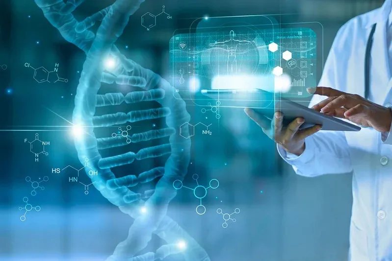 Researcher viewing peptide molecular data on a holographic display